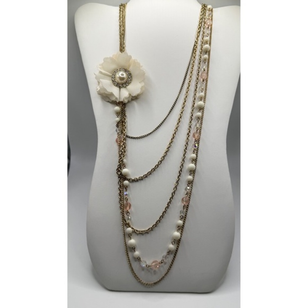 Multi Strand Flower Statement Necklace Gold Tone Pearl Bead Layered Cream‎